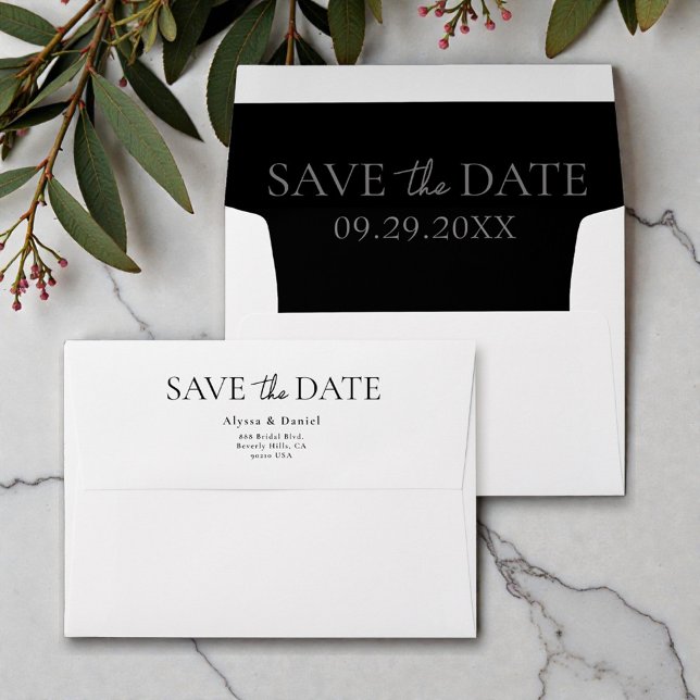 Faux liner Save the date 5x7 Return address Envelope (Black and white, modern save the date envelopes)