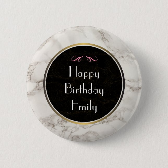 Faux Marble Alabaster Taupe Tan Happy Birthday 6 Cm Round Badge (Front)