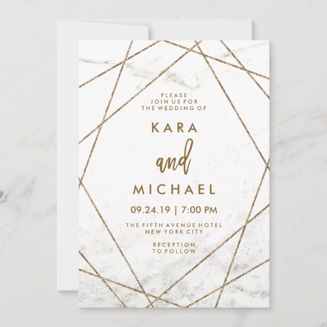 Faux Marble and Copper Geometric Wedding Invite (Front)