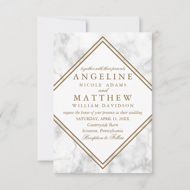 Faux Marble and Copper Geometric Wedding Invite (Front)