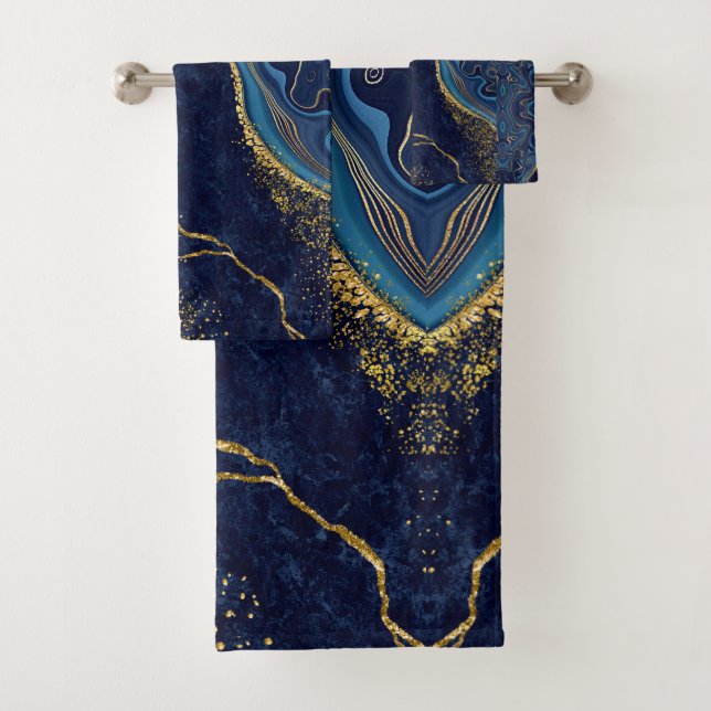 Faux Marble Navy Gold Shades  Bath Towel Set (Insitu)