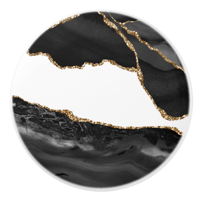 Faux Marbled Agate Black Stylish Stone Luxury Ceramic Knob (Front)