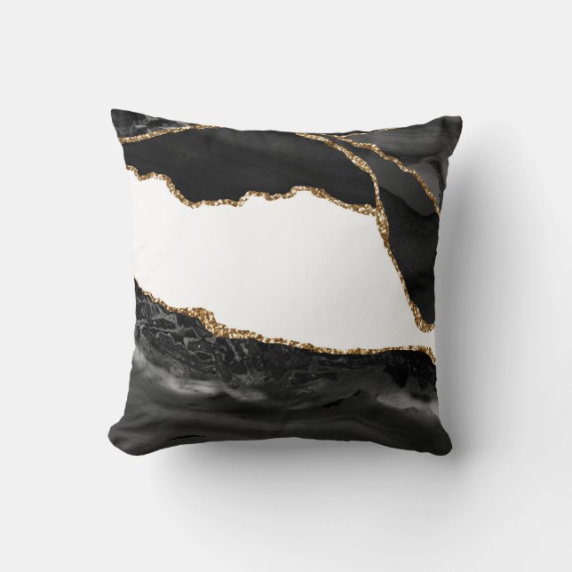 Faux Marbled Agate Black Stylish Stone Luxury Gold Cushion (Front)
