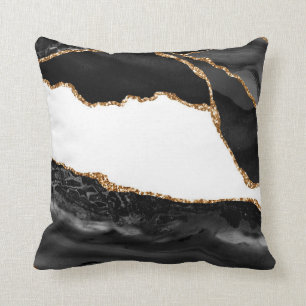 Faux Marbled Agate Black Stylish Stone Luxury Gold Cushion