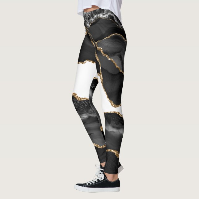 Faux Marbled Agate Black Stylish Stone Luxury Gold Leggings (Left)