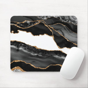 Faux Marbled Agate Black Stylish Stone Luxury Gold Mouse Mat