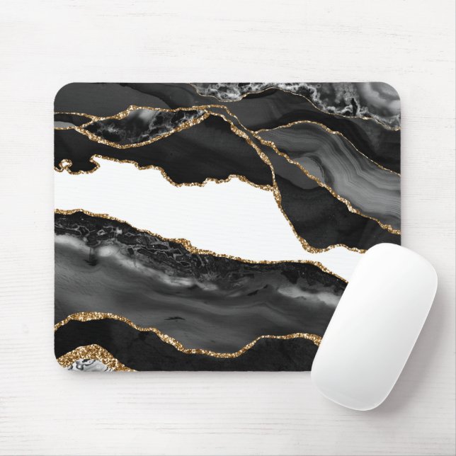 Faux Marbled Agate Black Stylish Stone Luxury Gold Mouse Mat (With Mouse)