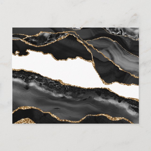 Faux Marbled Agate Black Stylish Stone Luxury Gold Postcard (Front)