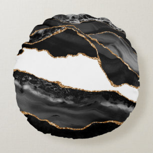 Faux Marbled Agate Black Stylish Stone Luxury Gold Round Cushion