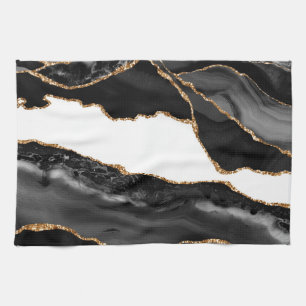 Faux Marbled Agate Black Stylish Stone Luxury Gold Tea Towel