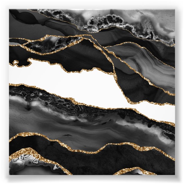 Faux Marbled Agate Black Stylish Stone Luxury Photo Print (Front)