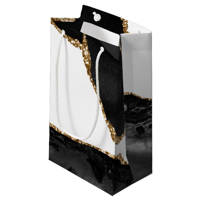Faux Marbled Agate Black Stylish Stone Luxury Small Gift Bag (Front Angled)