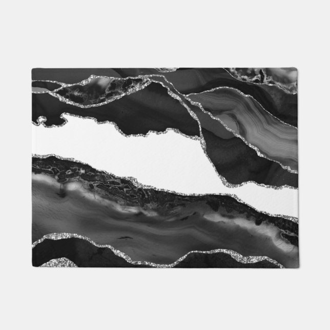 Faux Marbled Agate Black White Trendy Modern Stone Doormat (Front)