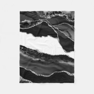 Faux Marbled Agate Black White Trendy Modern Stone Fleece Blanket