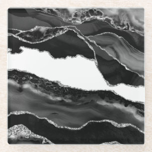 Faux Marbled Agate Black White Trendy Modern Stone Glass Coaster
