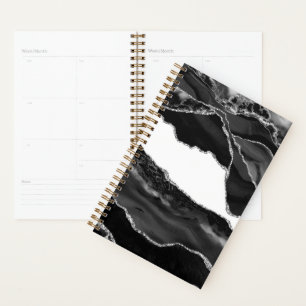 Faux Marbled Agate Black White Trendy Modern Stone Planner