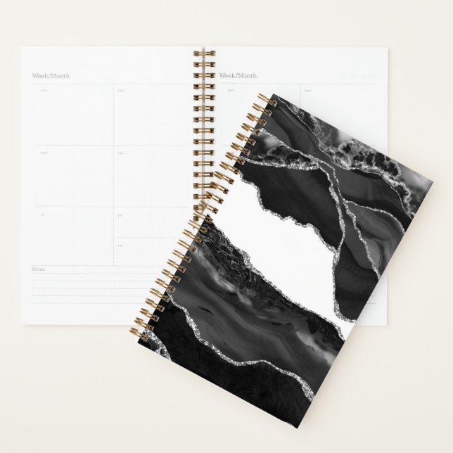 Faux Marbled Agate Black White Trendy Modern Stone Planner (Display)