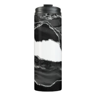 Faux Marbled Agate Black White Trendy Modern Stone Thermal Tumbler