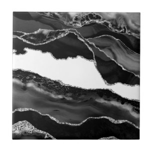 Faux Marbled Agate Black White Trendy Modern Stone Tile