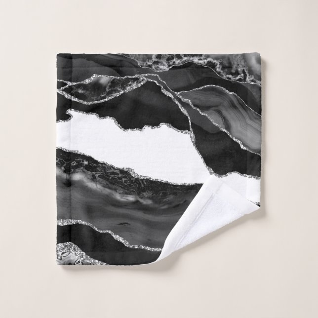 Faux Marbled Agate Black White Trendy Modern Stone Wash Cloth (Wash Cloth)