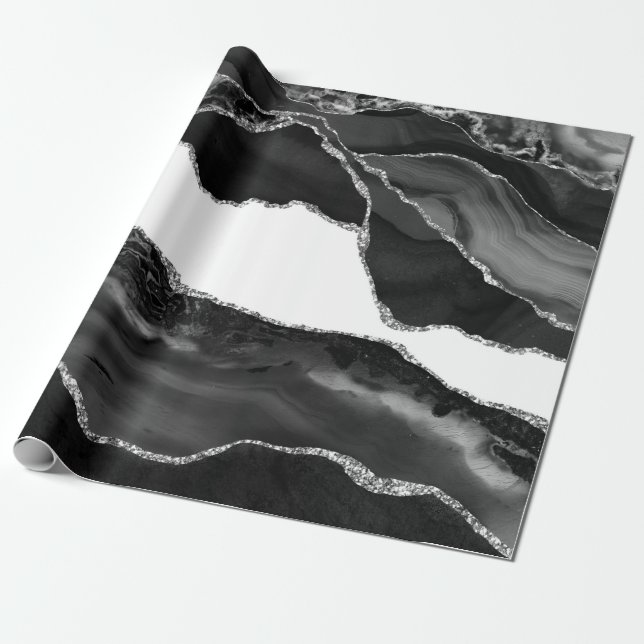 Faux Marbled Agate Black White Trendy Modern Stone Wrapping Paper (Unrolled)