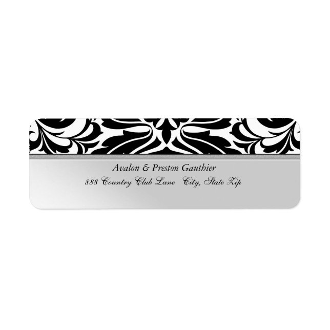 Faux Metal  Black Damask Wedding Address Label (Front)