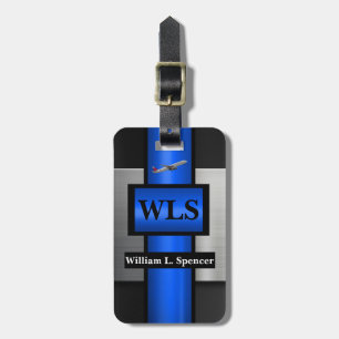 Faux Metal Blue Black Grey Monogram  Luggage Tag