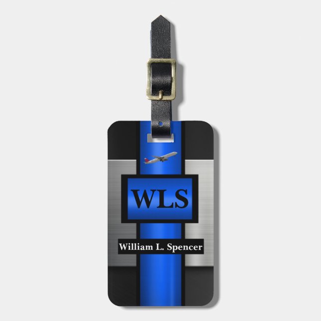 Faux Metal Blue Black Grey Monogram  Luggage Tag (Front Vertical)
