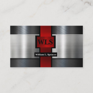Faux Metal Gray Black Red Monogram Business Card
