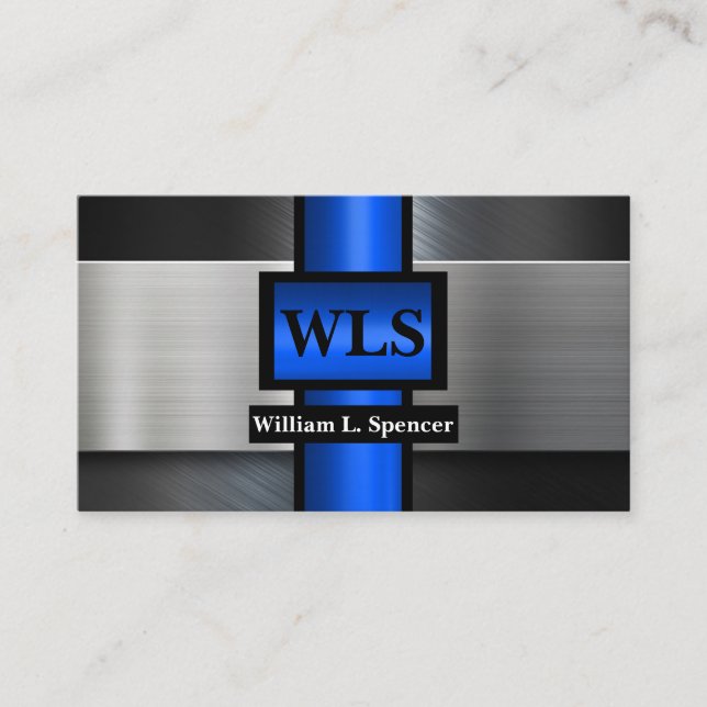 Faux Metal Grey Black Blue Monogram  Business Card (Front)