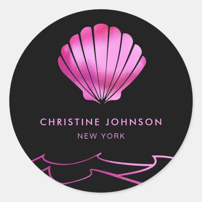 faux metallic effect neon pink seashell logo classic round sticker (Front)