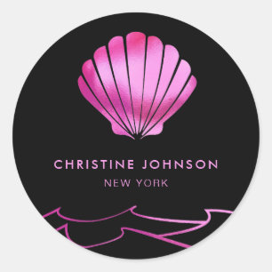 faux metallic effect neon pink seashell logo classic round sticker