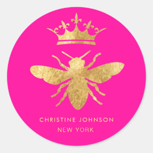 faux metallic effect queen bee on neon pink classic round sticker