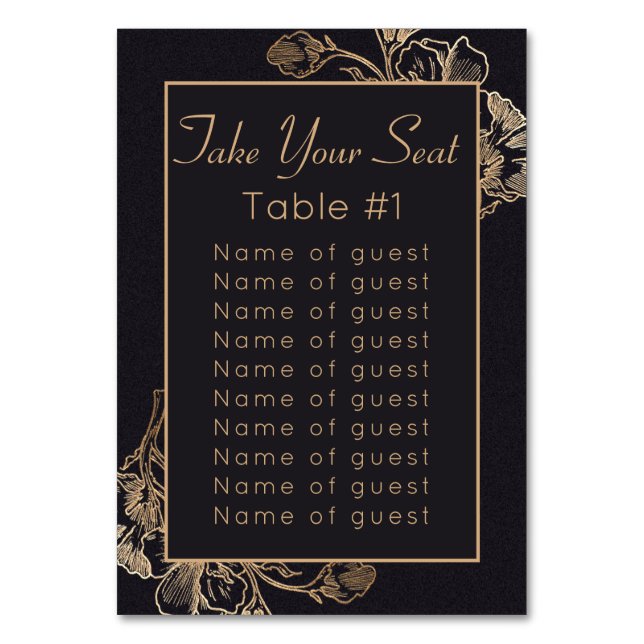 Faux Metallic Floral Design Wedding Table Number (Front)
