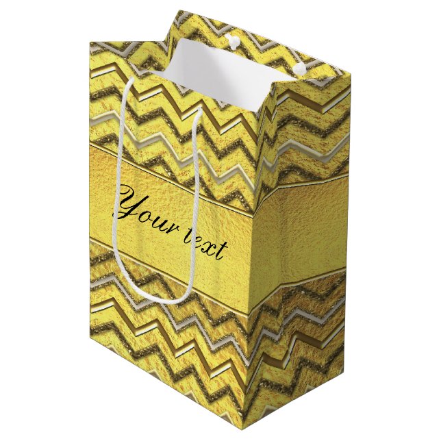 Faux Metallic Glitter Chevrons Gold Foil Medium Gift Bag (Front Angled)