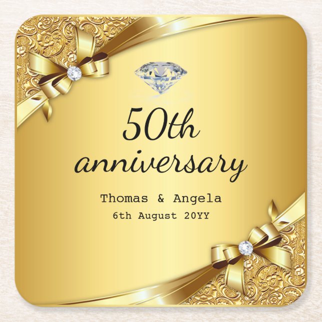 Faux Metallic Gold Diamond 50th Anniversary Luxury Square Paper Coaster (Front)