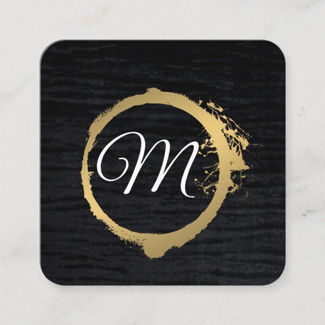 Faux Metallic Gold Velvet Black with Monogram Square Business Card (Front)