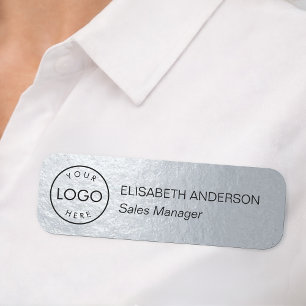 Faux Metallic Gray Elegant Business Logo Employee Name Tag