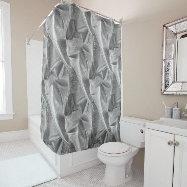 Faux Metallic Silver Grey Lame' Fabric Crumpled Shower Curtain (In Situ)