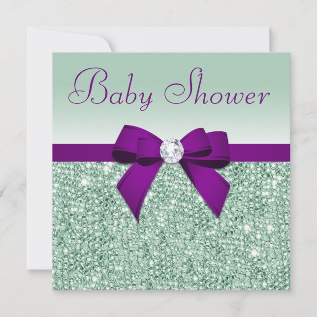 Faux Mint Sequins Purple Bow Baby Shower Invitation (Front)