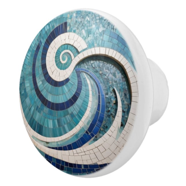 Faux Mosaic Aqua Blue Swirling Ocean Sea Wave Ceramic Knob (Right)