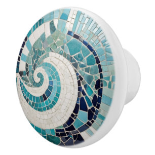 Faux Mosaic Turquoise Blue Ocean Wave Abstract Ceramic Knob