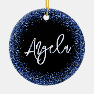 Faux Navy Blue Glitter Black Photo Ceramic Tree Decoration