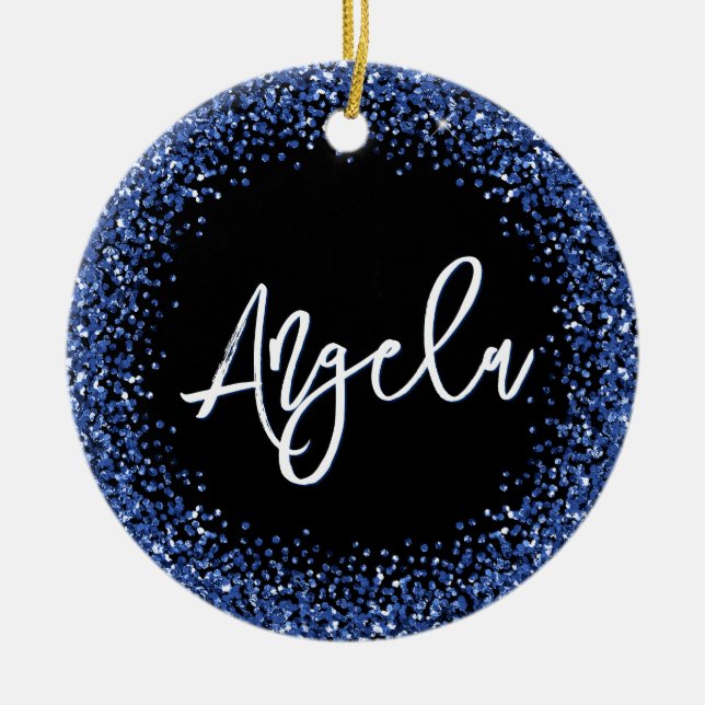 Faux Navy Blue Glitter Black Photo Ceramic Tree Decoration (Front)