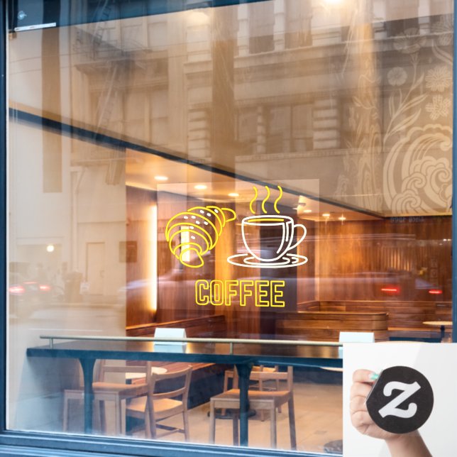 Faux Neon Coffee and Croissant Sign Window Cling (Cafe Window)