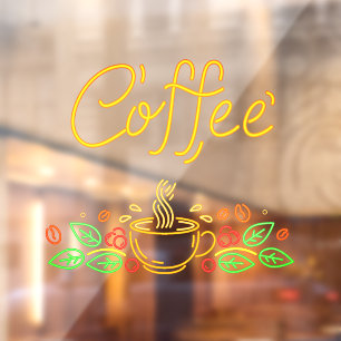 Faux Neon Coffee Beans Leaves Café Shop Window Cling