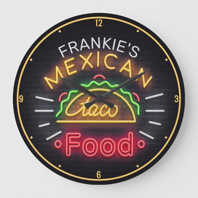 Faux Neon Mexican Food Taco Personalised Diner Large Clock (Front)