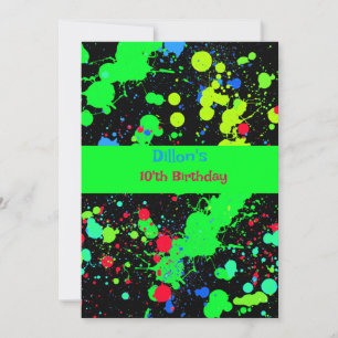 Faux Neon Paint Ball Splatter, Birthday Party Invitation