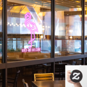 Faux Neon Pink Flamingo Walk-Ins Welcome Window Cling