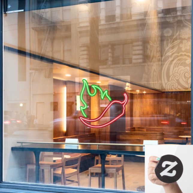 Faux Neon Red Chilli Pepper Green Flame Window Cling (Cafe Window)